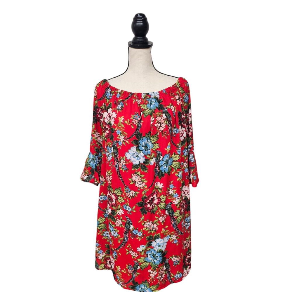 Red Floral On or Off Shoulder Dress Size XL Bell Sleeve Sheath Cottagecore Artsy
